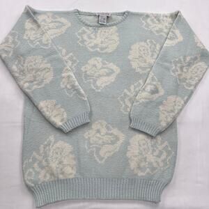 New Expressions Vintage Blue Floral Acrylic Knit Sweater women's size Small